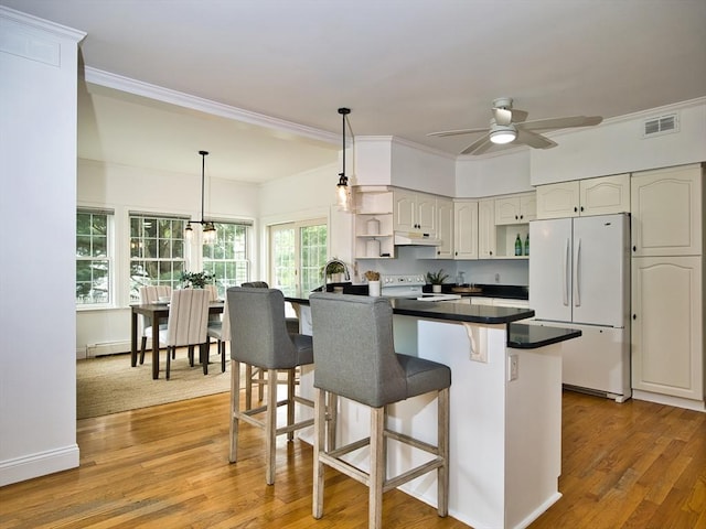 3 Eliza Ln, Dartmouth, MA 02747 - kitchen featuring freestanding refrigerator, open shelves, stove, dark countertops, and a kitchen bar