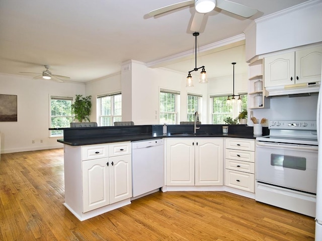 3 Eliza Ln, Dartmouth, MA 02747 - kitchen with white appliances, ceiling fan, a sink, ornamental molding, and dark countertops