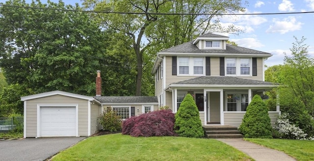 19 Van Norden Rd, Woburn, MA 01801 - view of front facade with a front yard, a garage, asphalt driveway, covered porch, and roof with shingles