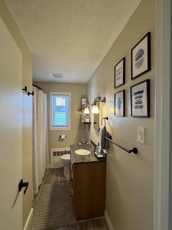 bathroom with radiator heating unit, wood-type flooring, vanity, and a textured ceiling