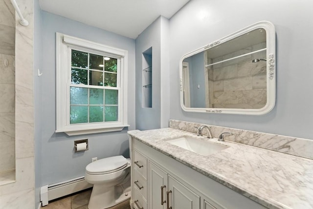 205 Mosier St, South Hadley, MA 01075 - full bathroom with a baseboard radiator, vanity, a tile shower, and plenty of natural light