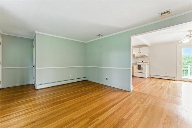 205 Mosier St, South Hadley, MA 01075 - unfurnished living room with baseboard heating, a baseboard radiator, light wood-style flooring, a ceiling fan, and ornamental molding