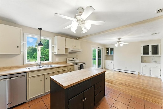 205 Mosier St, South Hadley, MA 01075 - kitchen with dishwasher, white electric stove, a baseboard heating unit, under cabinet range hood, and wooden counters