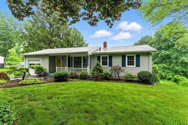 205 Mosier St, South Hadley, MA 01075 - ranch-style home featuring covered porch, an attached garage, a chimney, and a front yard