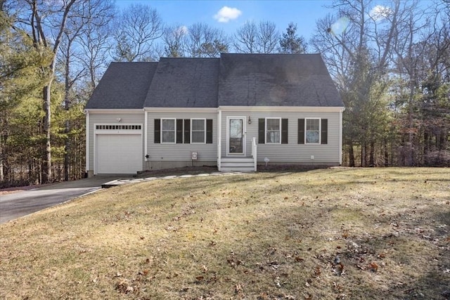 cape cod home featuring a garage, a front yard, driveway, and entry steps