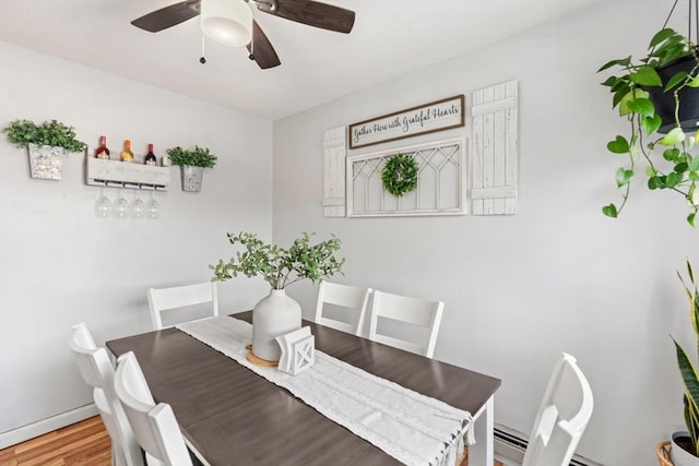 dining space with baseboards, ceiling fan, and light wood finished floors