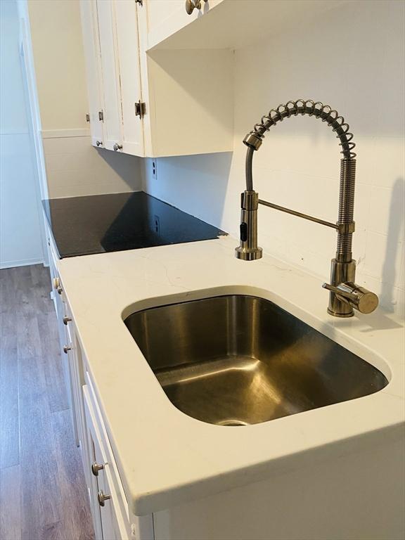 details featuring hardwood / wood-style floors, white cabinetry, and sink