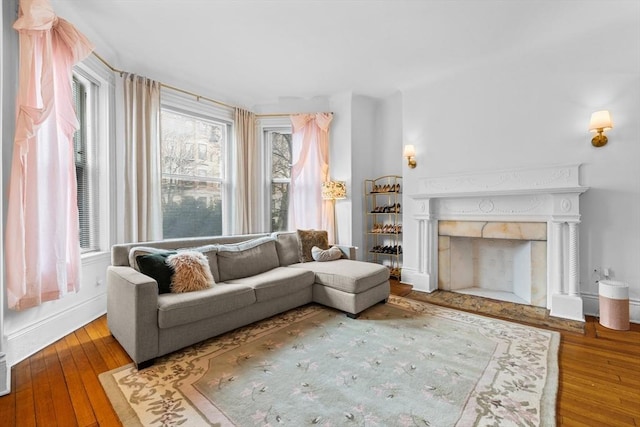 living area with hardwood / wood-style flooring and a fireplace with flush hearth