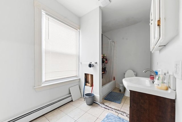 bathroom with a baseboard heating unit, shower / bath combination with curtain, plenty of natural light, and tile patterned flooring