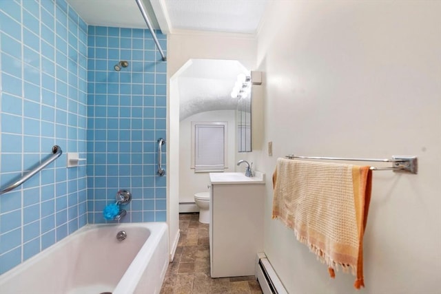 full bath featuring vanity, a baseboard radiator, shower / tub combination, and toilet