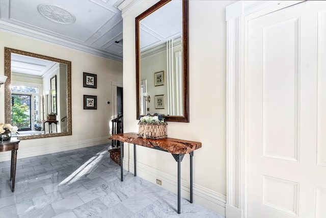 hallway featuring baseboards, marble finish floor, and crown molding