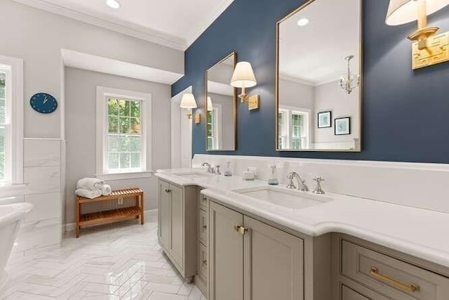 51 Fox Run Rd, Sudbury, MA 01776 - full bath with vanity, ornamental molding, a freestanding tub, and a chandelier
