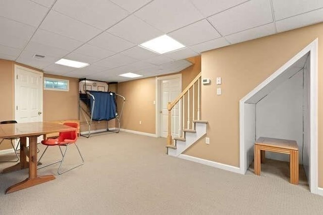 51 Fox Run Rd, Sudbury, MA 01776 - below grade area featuring carpet, stairway, and a drop ceiling
