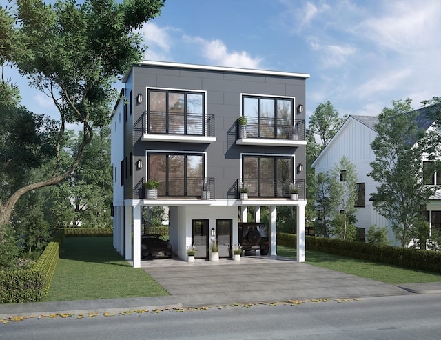 view of front of home featuring a front yard and a balcony