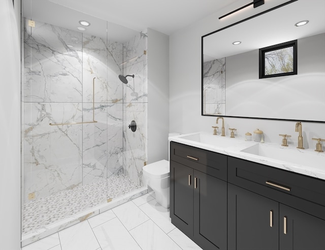 bathroom featuring walk in shower, vanity, and toilet