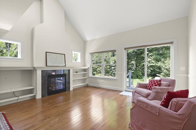 21 Pine St Unit 1A, Falmouth, MA 02556 - living area featuring wood-type flooring, a fireplace, plenty of natural light, and high vaulted ceiling