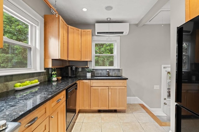 338 Forest St, Arlington, MA 02474 - kitchen with a wall mounted AC, dishwasher, decorative backsplash, light tile patterned floors, and dark stone countertops
