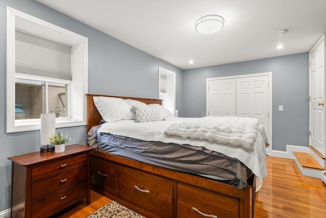 338 Forest St, Arlington, MA 02474 - bedroom with light wood finished floors, a closet, and recessed lighting