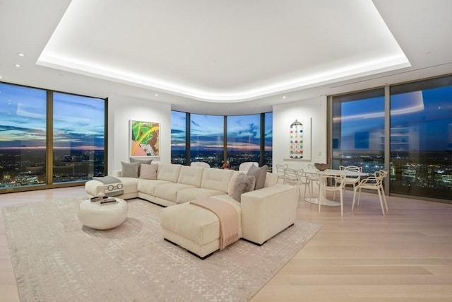 living area with floor to ceiling windows and a raised ceiling
