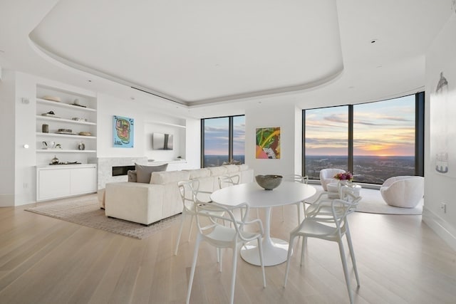 dining area featuring light hardwood / wood-style floors, built in features, and a tray ceiling