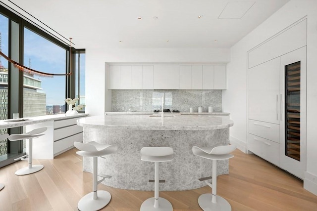 kitchen featuring light wood-style floors, white cabinetry, modern cabinets, and backsplash