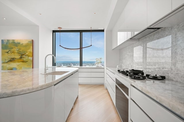 kitchen featuring light hardwood / wood-style flooring, sink, light stone counters, oven, and white cabinetry