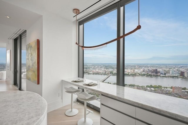 dining area featuring expansive windows, a water view, light wood-style flooring, and a city view
