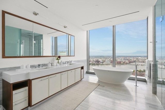 full bath featuring double vanity, a freestanding tub, expansive windows, a view of city, and a sink