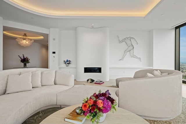 living room featuring a raised ceiling