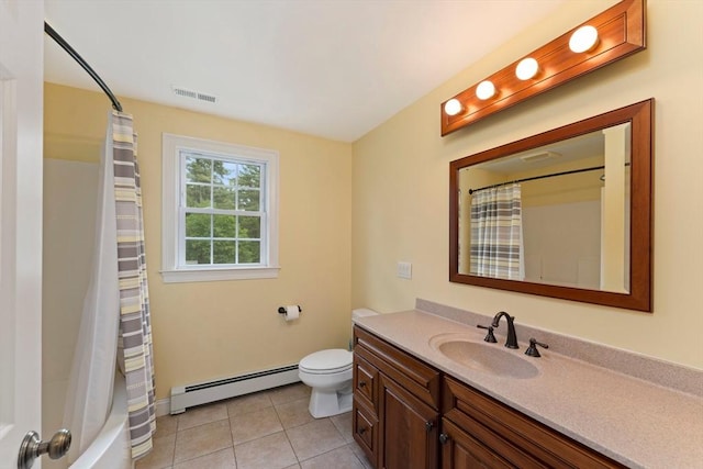 55 Arbor Rd, Uxbridge, MA 01569 - full bathroom with baseboard heating, vanity, tile patterned flooring, toilet, and shower / bath combo with shower curtain