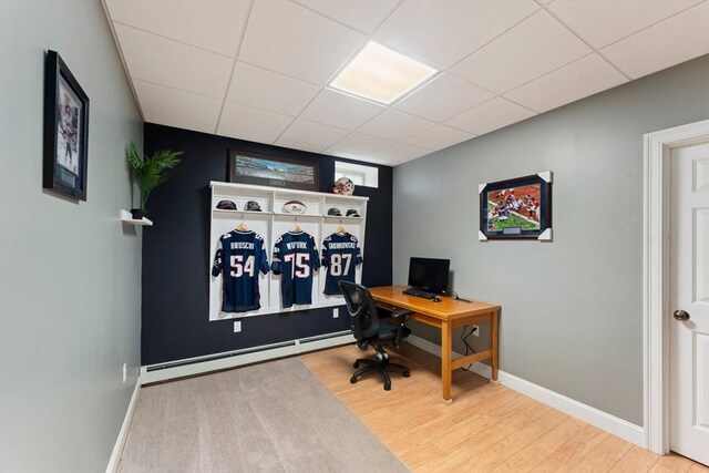 55 Arbor Rd, Uxbridge, MA 01569 - office area with baseboard heating, wood finished floors, baseboards, and a drop ceiling