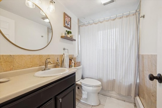 full bathroom with shower / bathtub combination with curtain, visible vents, toilet, tile patterned flooring, and vanity