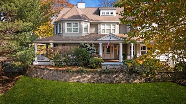 victorian home featuring covered porch and a front lawn