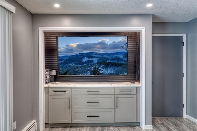 bar with baseboards, light wood-style flooring, baseboard heating, a textured ceiling, and recessed lighting