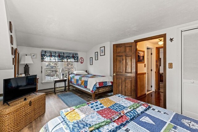 125 Wamsutta Rd, Eastham, MA 02642 - bedroom featuring wood finished floors, a baseboard heating unit, vaulted ceiling, and a closet