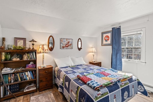 125 Wamsutta Rd, Eastham, MA 02642 - bedroom with wood finished floors, lofted ceiling, and a baseboard radiator