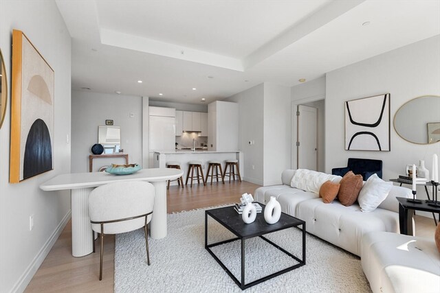 living room featuring a tray ceiling and light hardwood / wood-style flooring