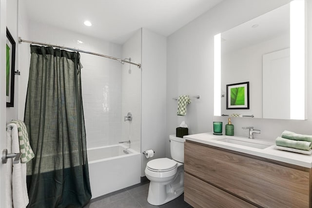 full bathroom with vanity, toilet, tile patterned flooring, and shower / bathtub combination with curtain