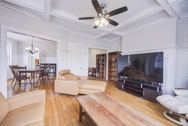 34 Garrison Rd Unit 4, Brookline, MA 02445 - living room with coffered ceiling, a chandelier, hardwood / wood-style floors, beamed ceiling, and a ceiling fan