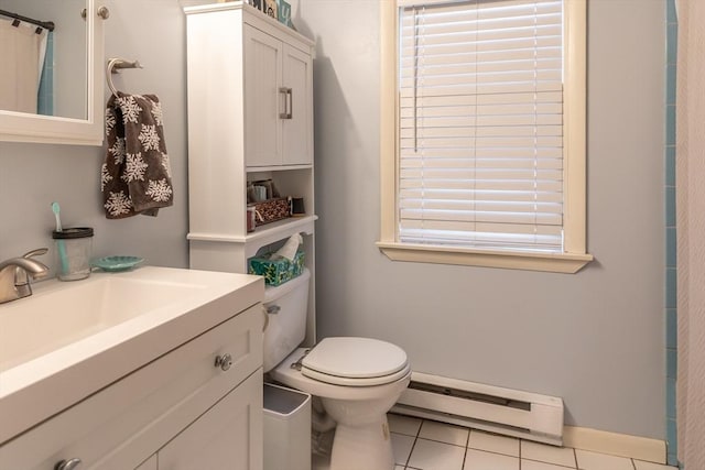 bathroom featuring a baseboard heating unit, a shower with shower curtain, vanity, tile patterned floors, and toilet