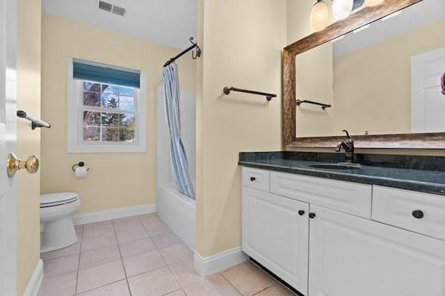 bathroom featuring visible vents, baseboards, tile patterned floors, vanity, and toilet