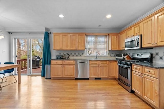 kitchen featuring stainless steel appliances, ornamental molding, a sink, and light brown cabinets