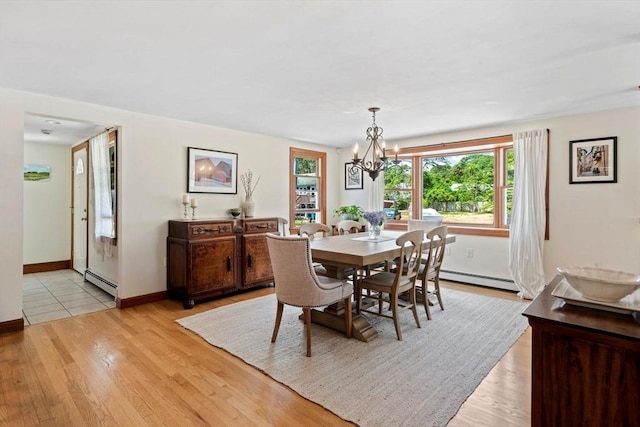 37 Berkeley Dr, Falmouth, MA 02536 - dining area featuring a chandelier, light wood-style flooring, and a baseboard heating unit