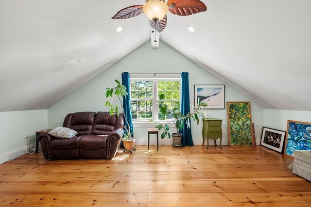 bonus room featuring a ceiling fan, recessed lighting, baseboards, lofted ceiling, and hardwood / wood-style flooring