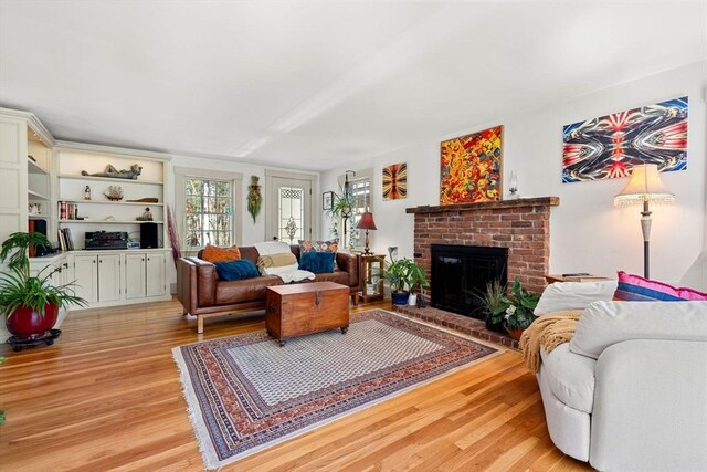 living room featuring light wood-style floors and a fireplace