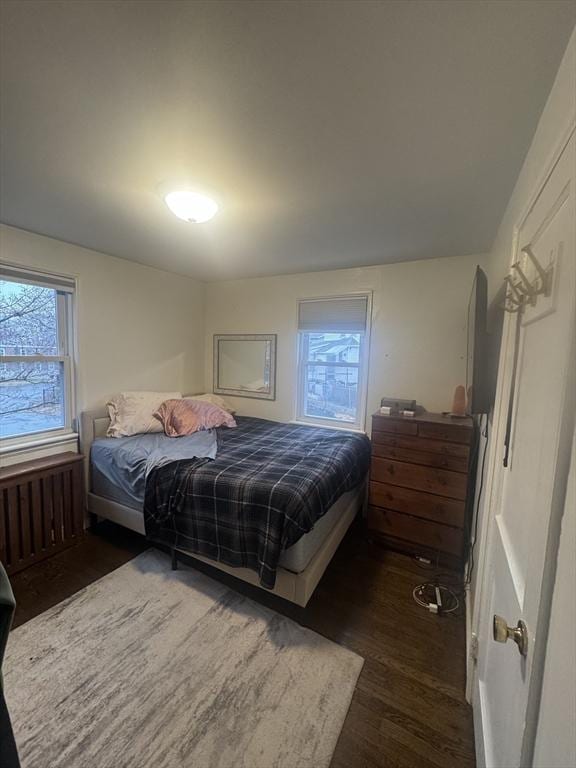 bedroom featuring radiator heating unit and dark hardwood / wood-style floors