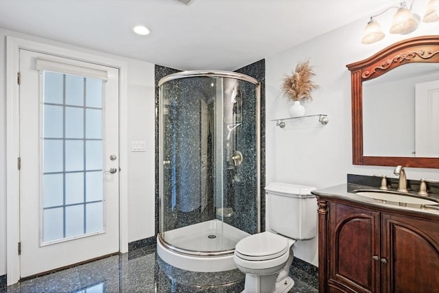 20 Stagecoach Rd, Topsfield, MA 01983 - full bath with granite floors, vanity, a shower stall, toilet, and recessed lighting