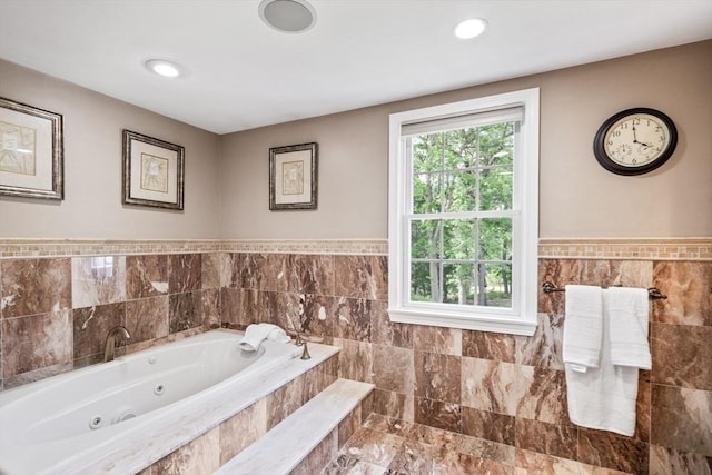 20 Stagecoach Rd, Topsfield, MA 01983 - full bathroom featuring tile walls, a jetted tub, wainscoting, and recessed lighting