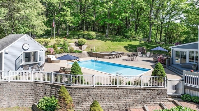 20 Stagecoach Rd, Topsfield, MA 01983 - swimming pool with a patio area, outdoor dining space, and an outdoor structure