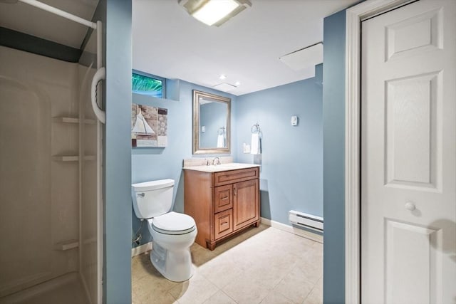 20 Stagecoach Rd, Topsfield, MA 01983 - bathroom with vanity, a walk in shower, baseboard heating, and baseboards